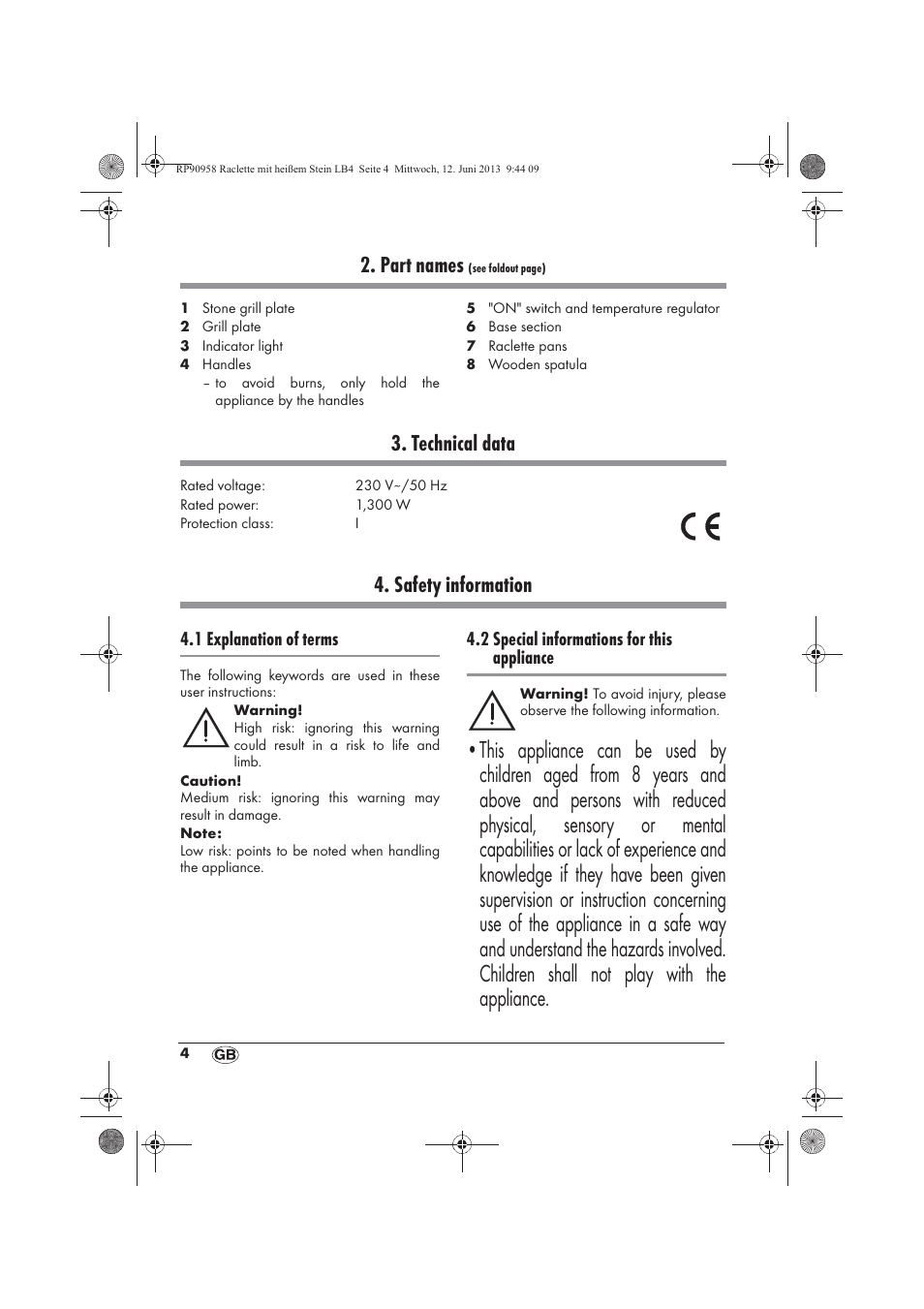 Part names, Technical data, Safety information | Silvercrest SRGS 1300 A2 User Manual | Page 6 / 86