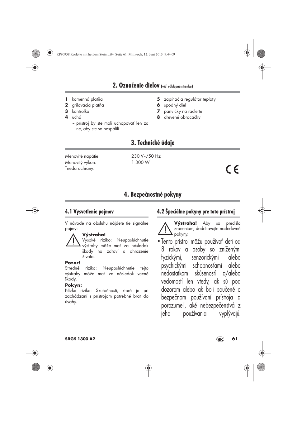 Označenie dielov, Technické údaje, Bezpečnostné pokyny | Silvercrest SRGS 1300 A2 User Manual | Page 63 / 86