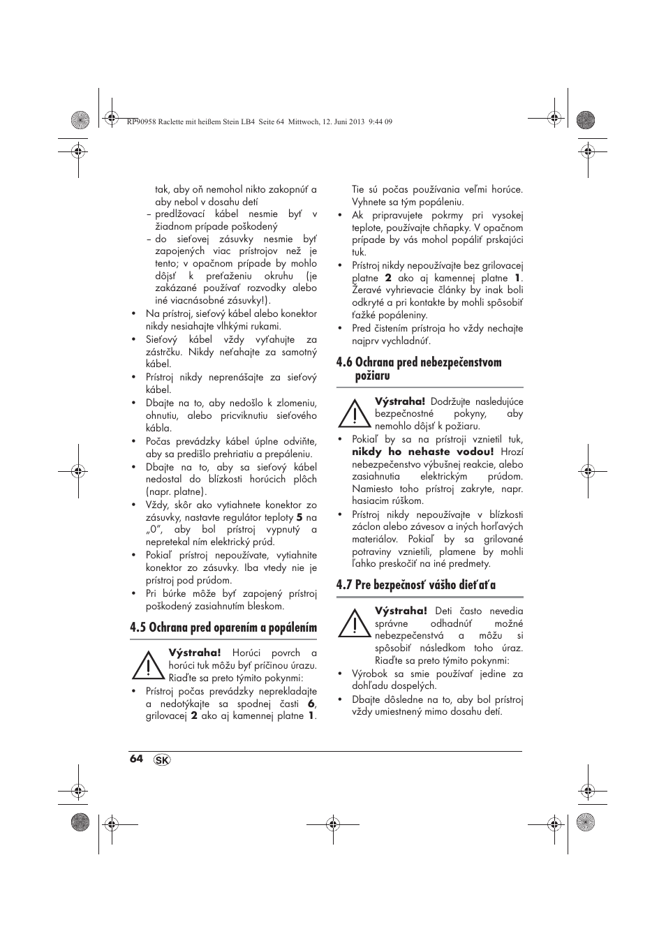 5 ochrana pred oparením a popálením, 6 ochrana pred nebezpečenstvom požiaru, 7 pre bezpečnosť vášho dieťaťa | Silvercrest SRGS 1300 A2 User Manual | Page 66 / 86