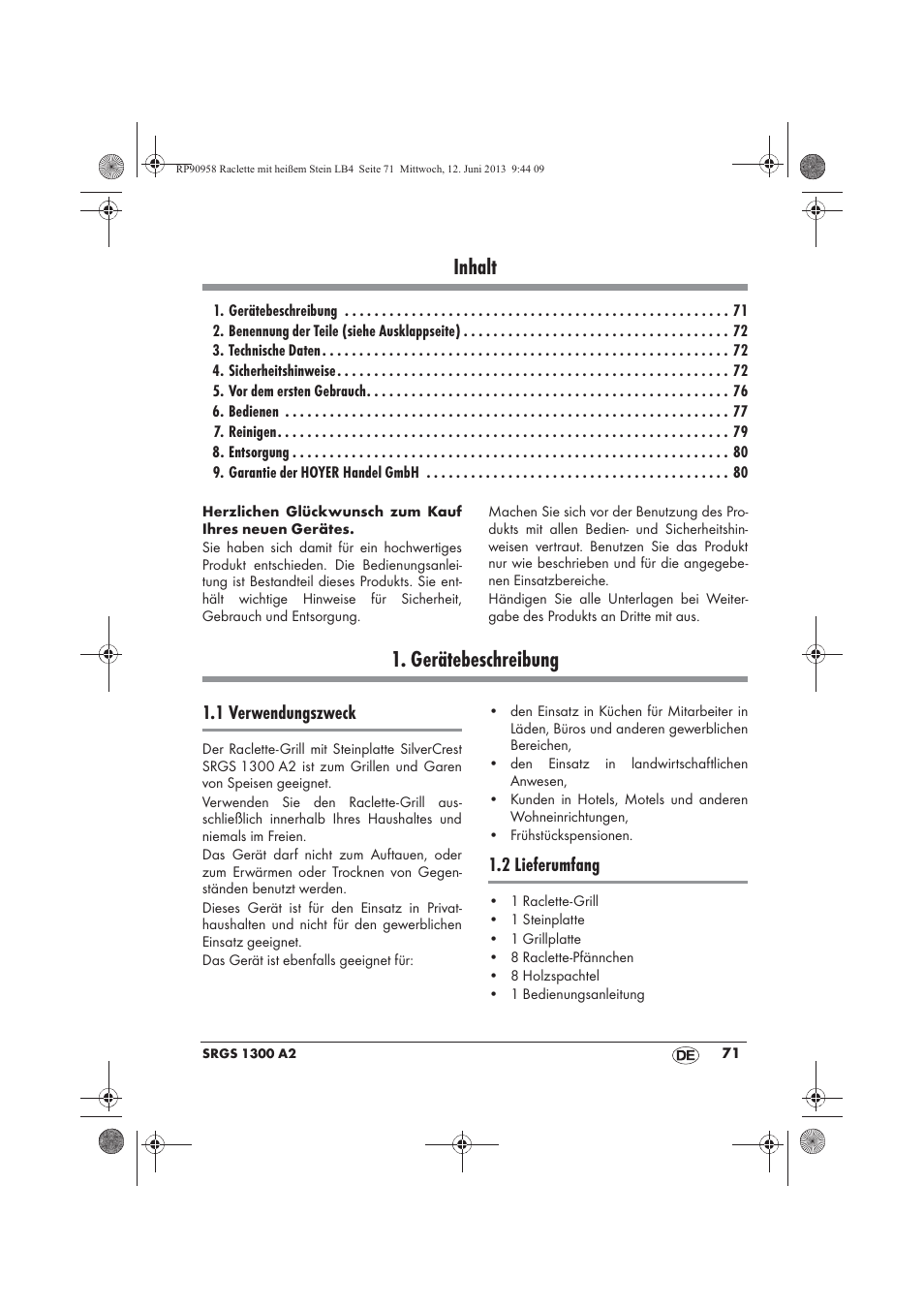 Inhalt, Gerätebeschreibung, 1 verwendungszweck | 2 lieferumfang | Silvercrest SRGS 1300 A2 User Manual | Page 73 / 86
