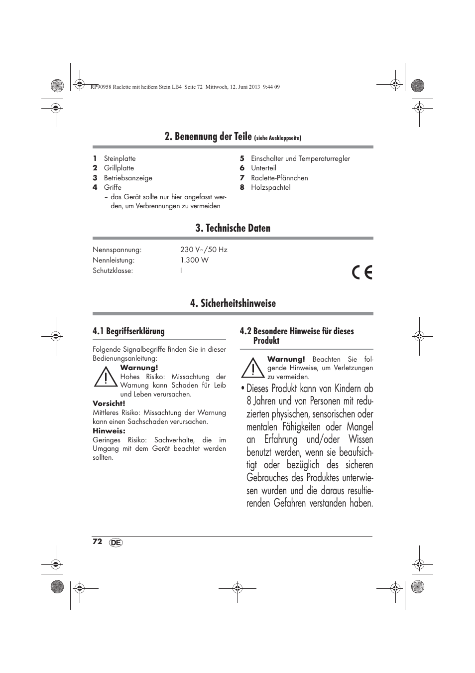 Benennung der teile, Technische daten, Sicherheitshinweise | Silvercrest SRGS 1300 A2 User Manual | Page 74 / 86