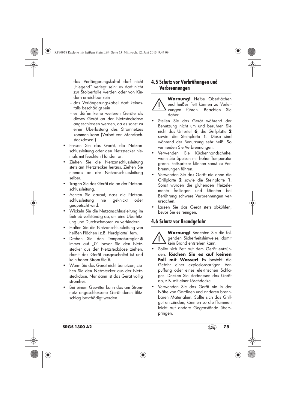 5 schutz vor verbrühungen und verbrennungen, 6 schutz vor brandgefahr | Silvercrest SRGS 1300 A2 User Manual | Page 77 / 86