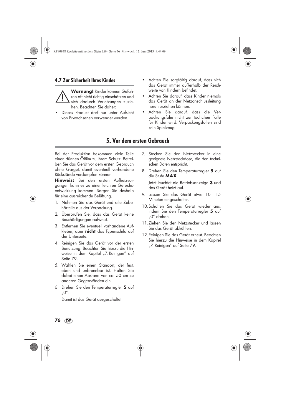 Vor dem ersten gebrauch, 7 zur sicherheit ihres kindes | Silvercrest SRGS 1300 A2 User Manual | Page 78 / 86