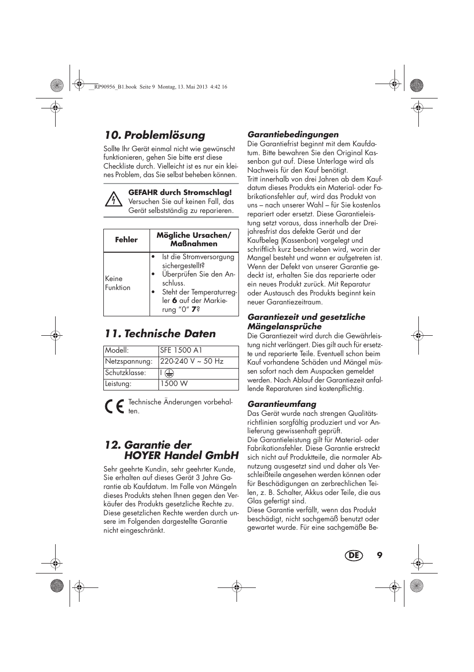 Problemlösung, Technische daten, Garantie der hoyerhandel gmbh | Silvercrest SFE 1500 A1 User Manual | Page 11 / 54