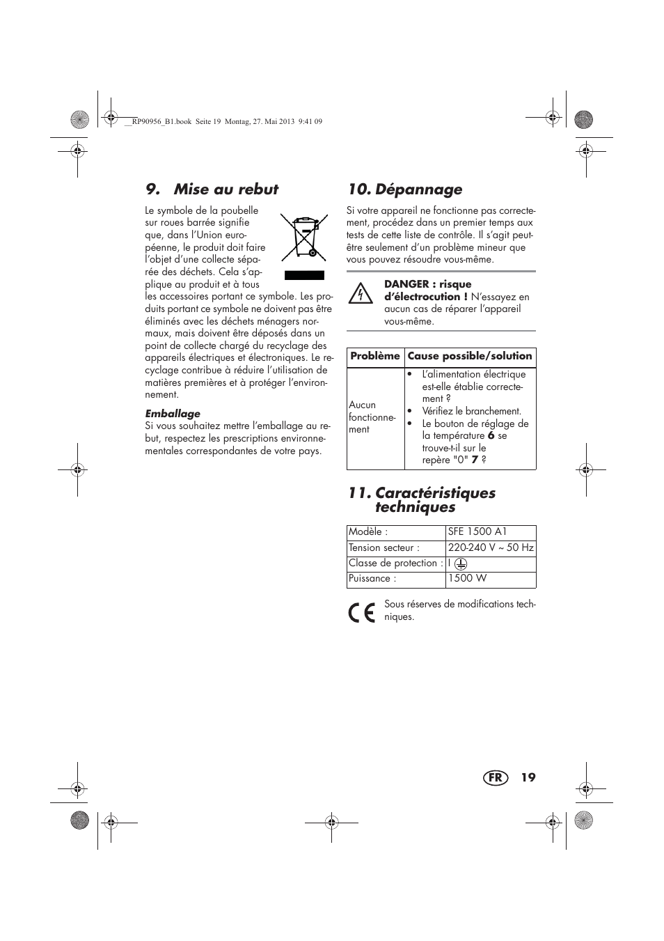 Mise au rebut, Dépannage, Caractéristiques techniques | Silvercrest SFE 1500 A1 User Manual | Page 21 / 54
