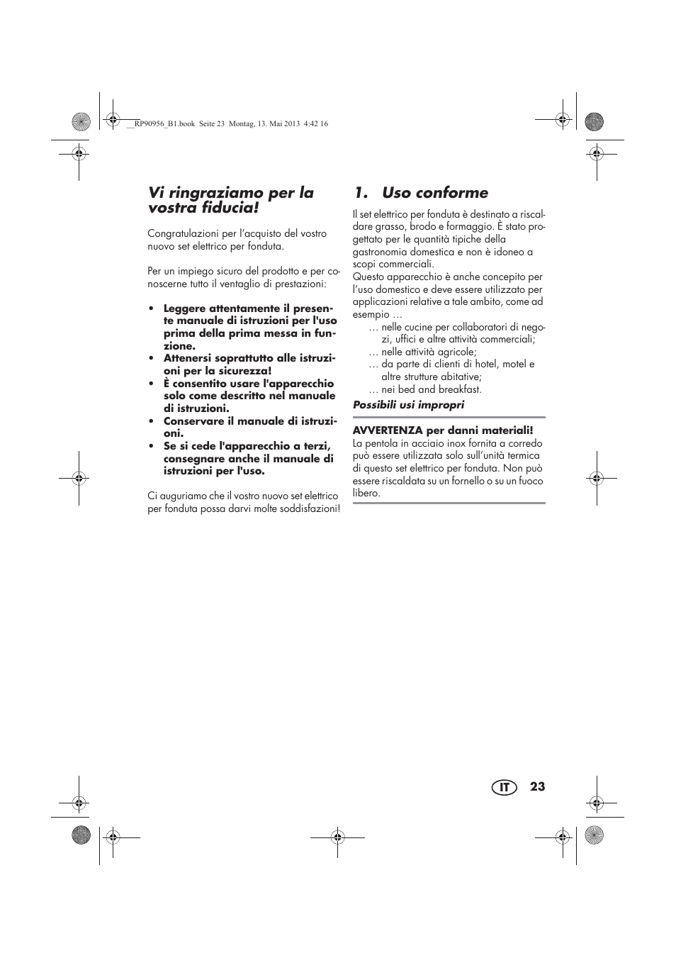 Vi ringraziamo per la vostra fiducia, Uso conforme | Silvercrest SFE 1500 A1 User Manual | Page 25 / 54