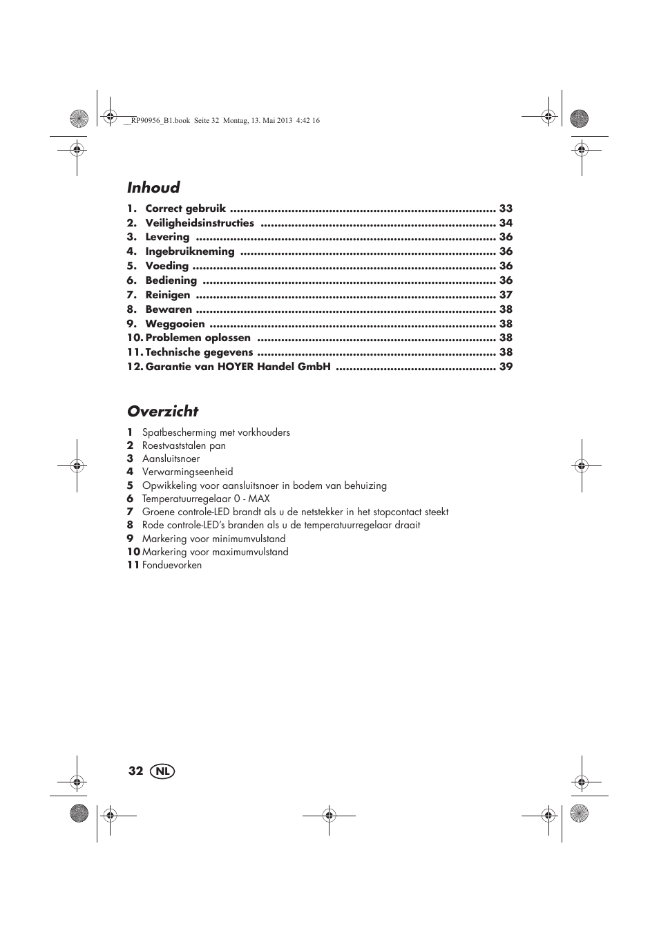 Inhoud, Overzicht | Silvercrest SFE 1500 A1 User Manual | Page 34 / 54