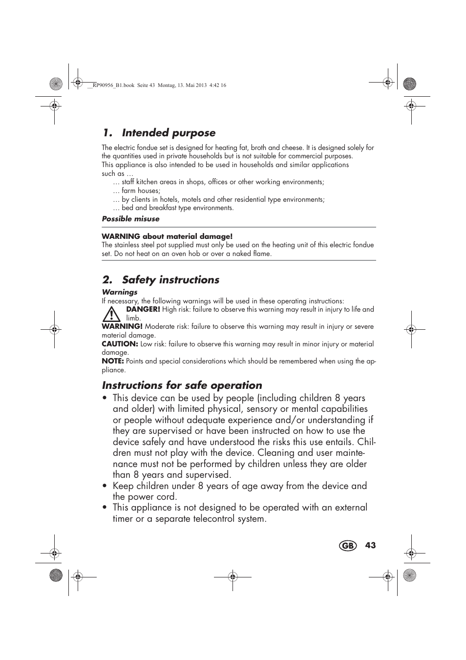 Intended purpose, Safety instructions, Instructions for safe operation | Silvercrest SFE 1500 A1 User Manual | Page 45 / 54