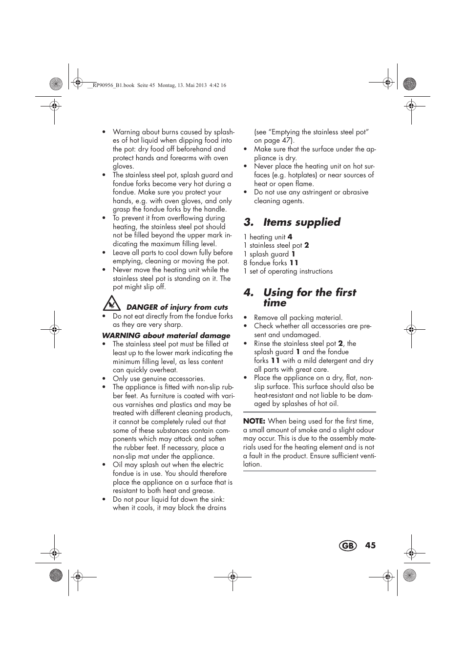 Items supplied, Using for the first time | Silvercrest SFE 1500 A1 User Manual | Page 47 / 54