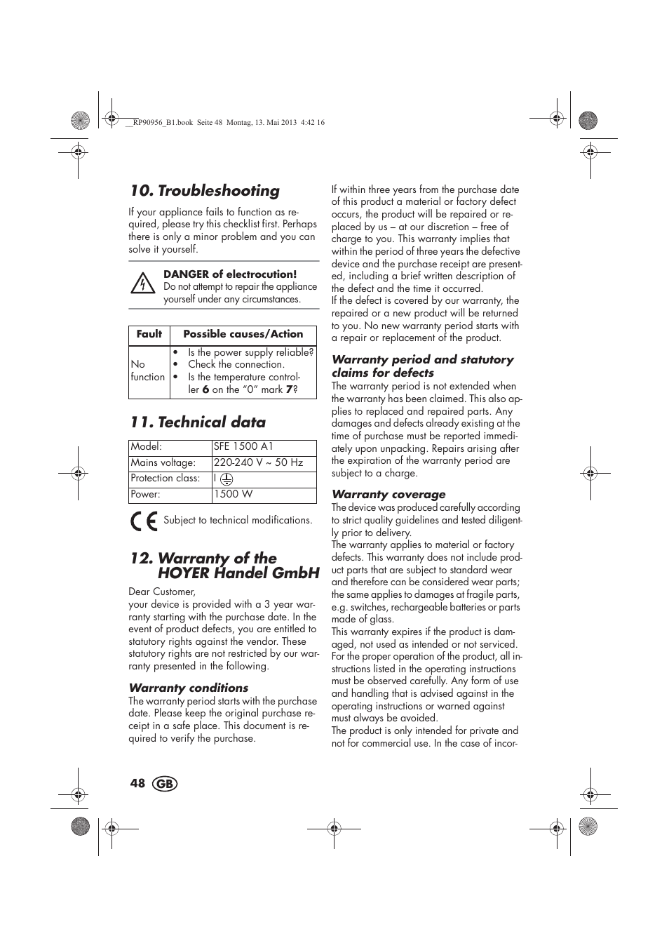 Troubleshooting, Technical data, Warranty of the hoyer handel gmbh | Silvercrest SFE 1500 A1 User Manual | Page 50 / 54