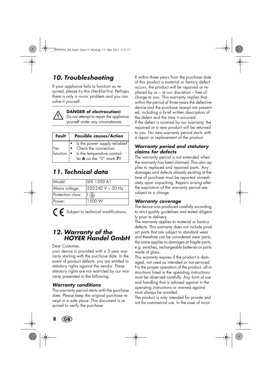 Troubleshooting, Technical data, Warranty of the hoyer handel gmbh | Silvercrest SFE 1500 A1 User Manual | Page 10 / 70