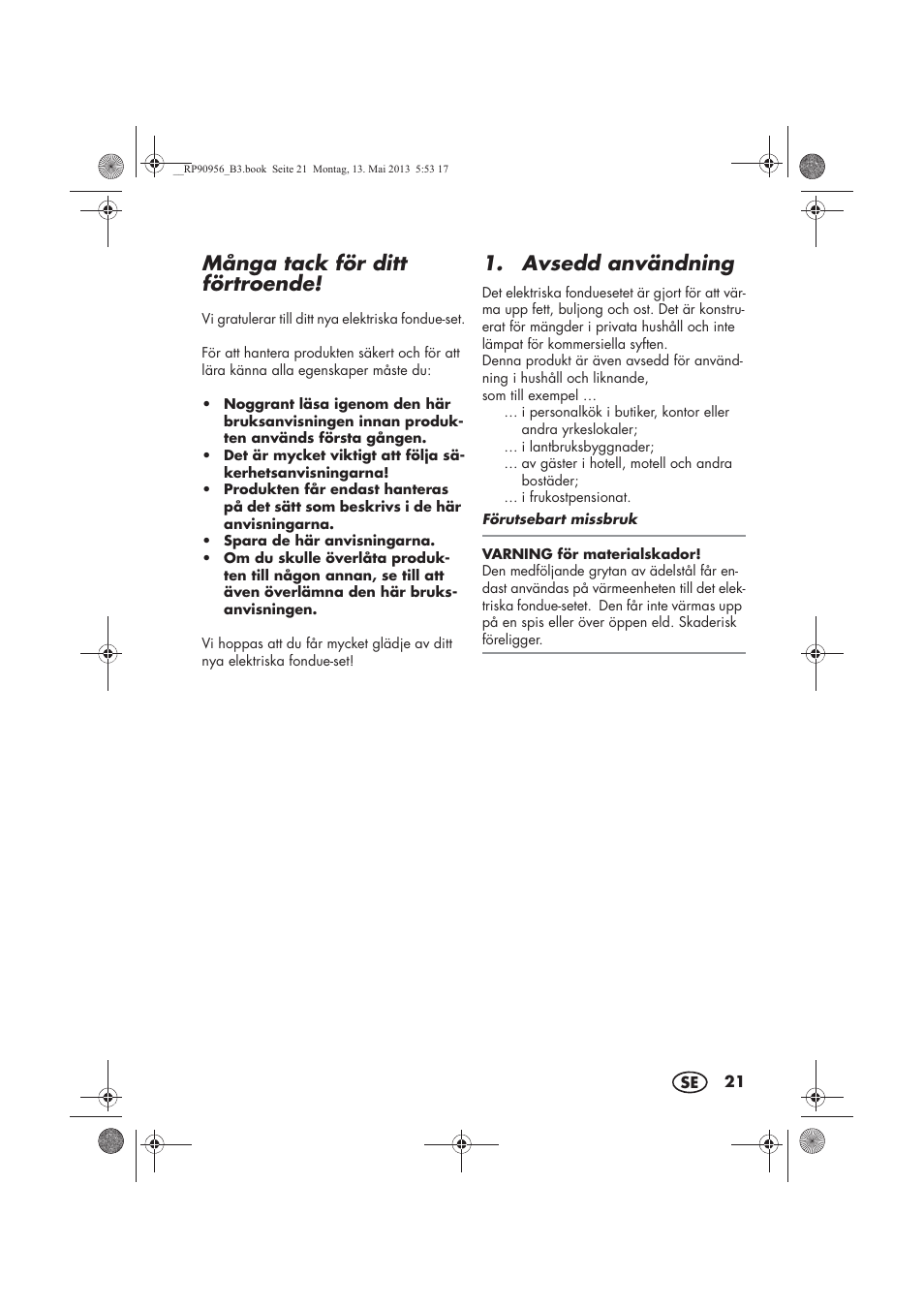 Många tack för ditt förtroende, Avsedd användning | Silvercrest SFE 1500 A1 User Manual | Page 23 / 70