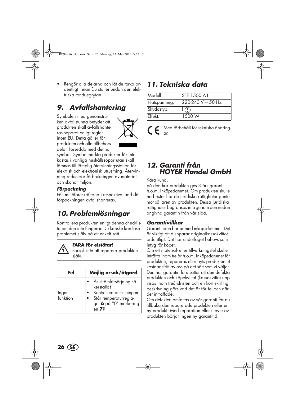 Avfallshantering, Problemlösningar, Tekniska data | Garanti från hoyer handel gmbh | Silvercrest SFE 1500 A1 User Manual | Page 28 / 70
