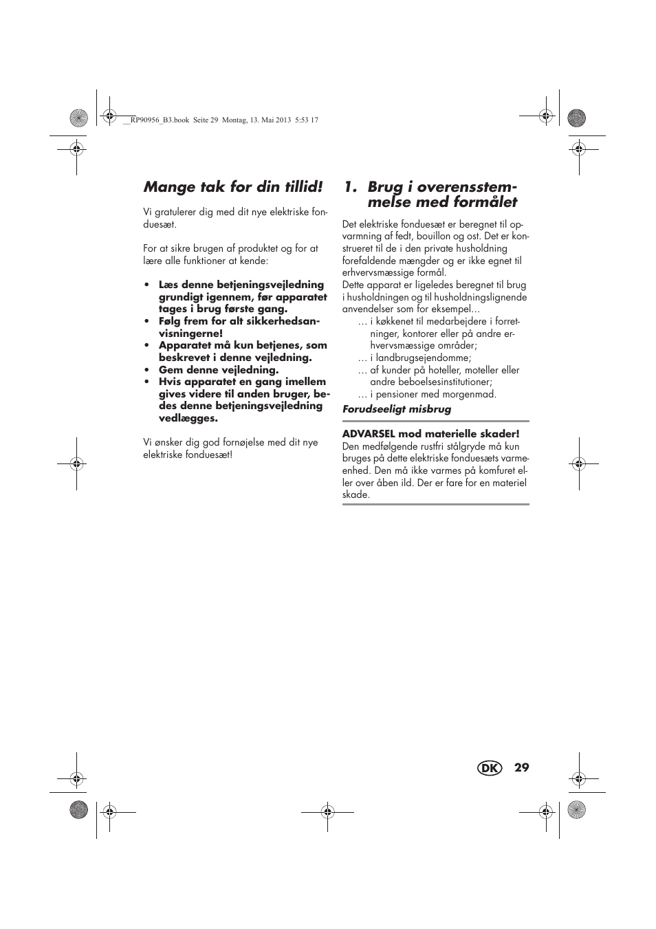 Mange tak for din tillid, Brug i overensstem- melse med formålet | Silvercrest SFE 1500 A1 User Manual | Page 31 / 70