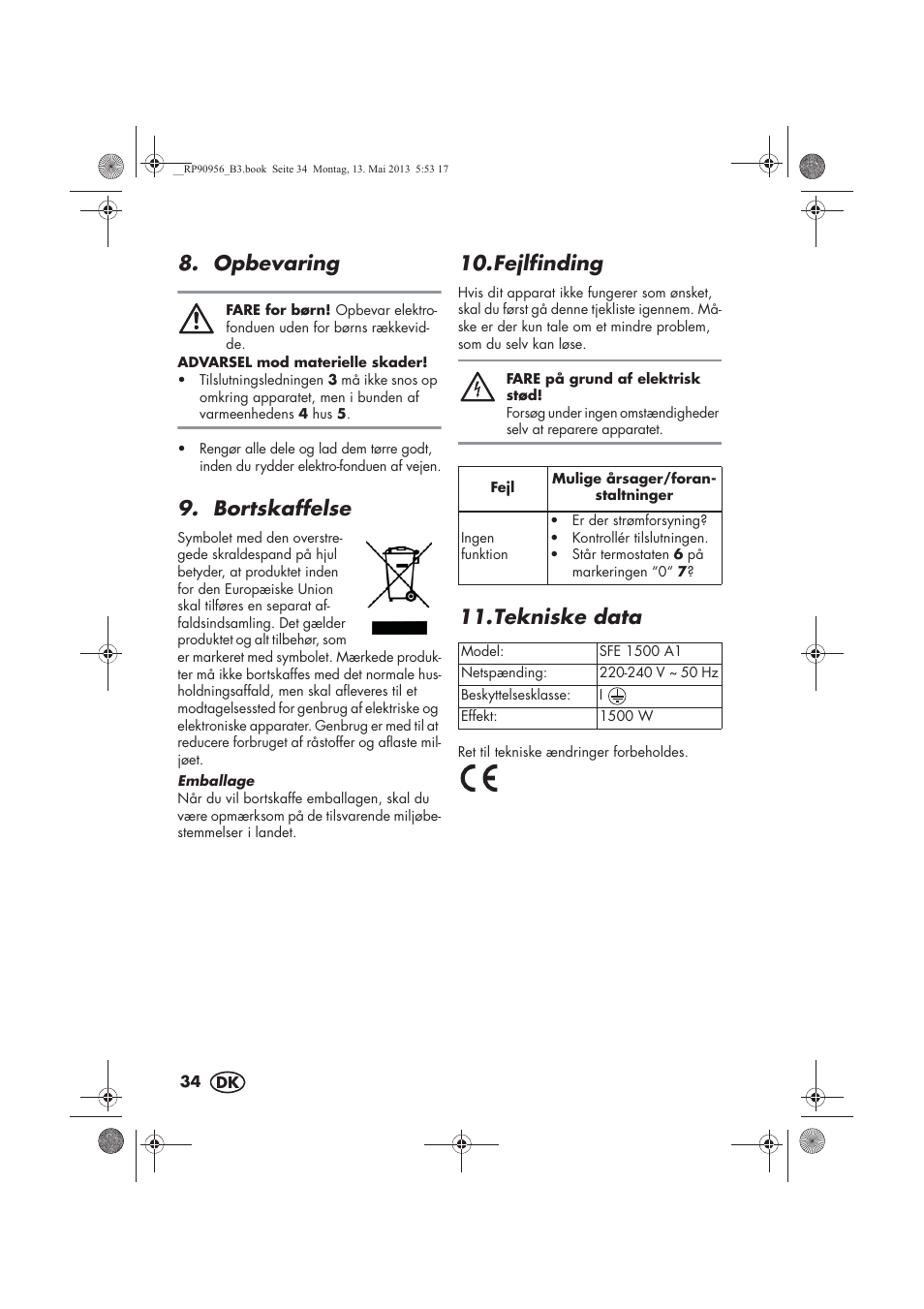 Opbevaring, Bortskaffelse, Fejlfinding | Tekniske data | Silvercrest SFE 1500 A1 User Manual | Page 36 / 70