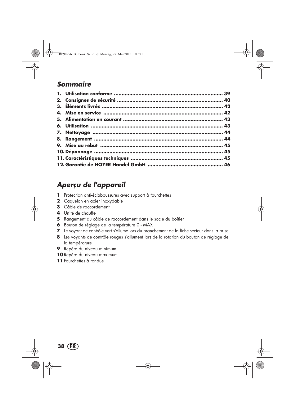 Sommaire, Aperçu de l'appareil | Silvercrest SFE 1500 A1 User Manual | Page 40 / 70