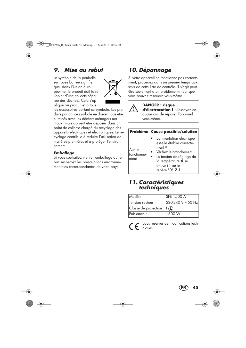 Mise au rebut, Dépannage, Caractéristiques techniques | Silvercrest SFE 1500 A1 User Manual | Page 47 / 70
