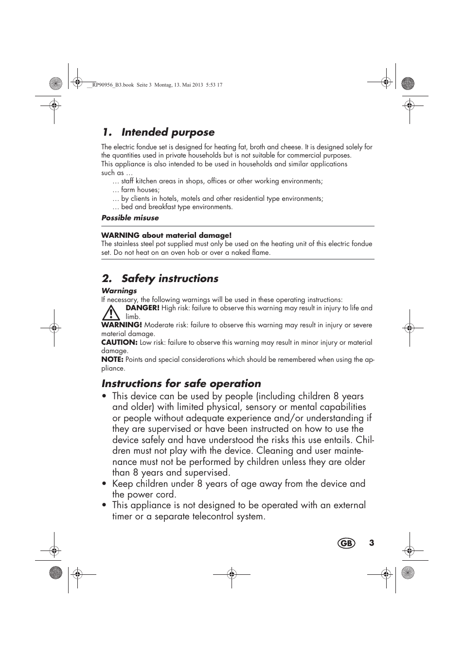 Intended purpose, Safety instructions, Instructions for safe operation | Silvercrest SFE 1500 A1 User Manual | Page 5 / 70
