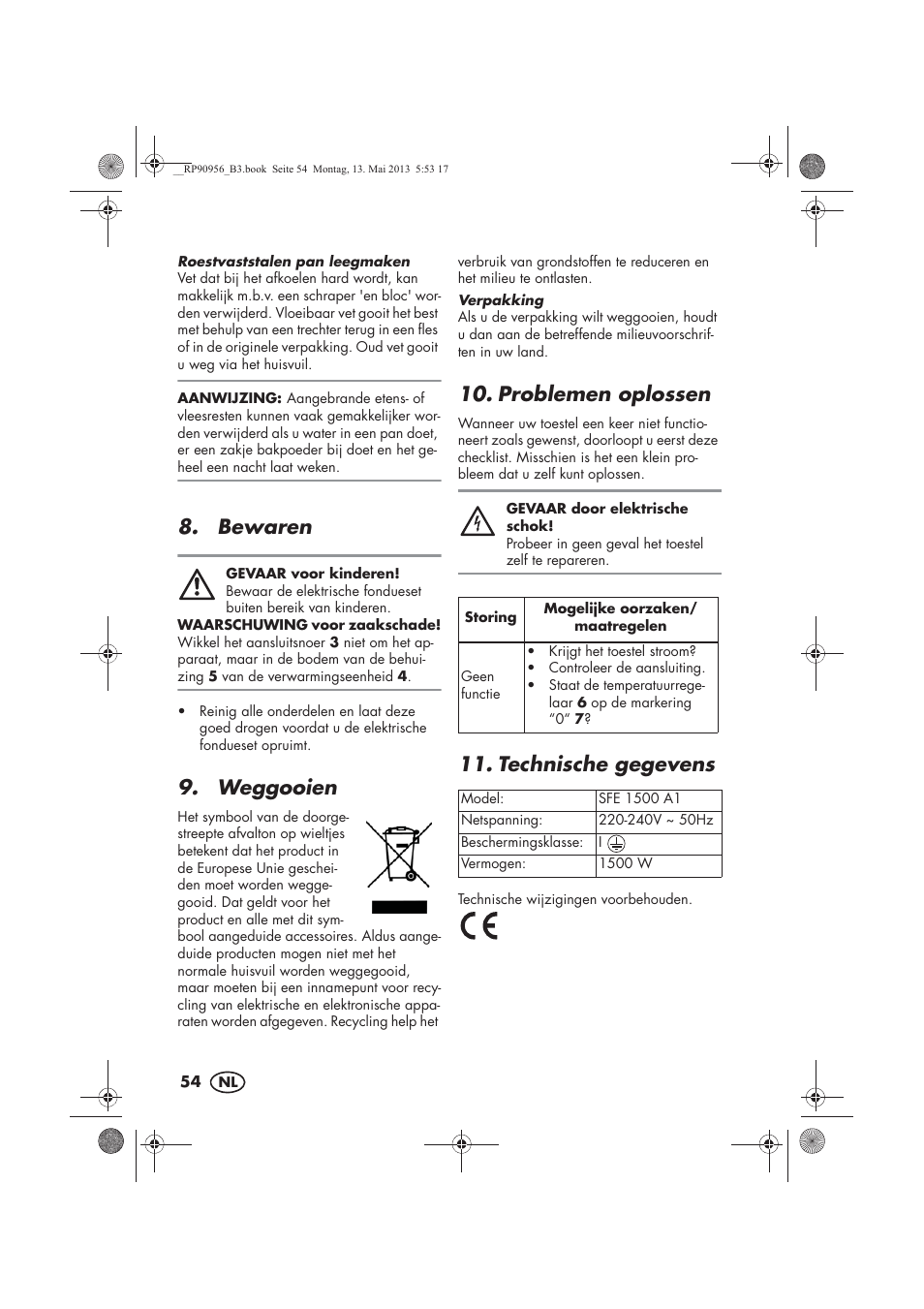 Bewaren, Weggooien, Problemen oplossen | Technische gegevens | Silvercrest SFE 1500 A1 User Manual | Page 56 / 70