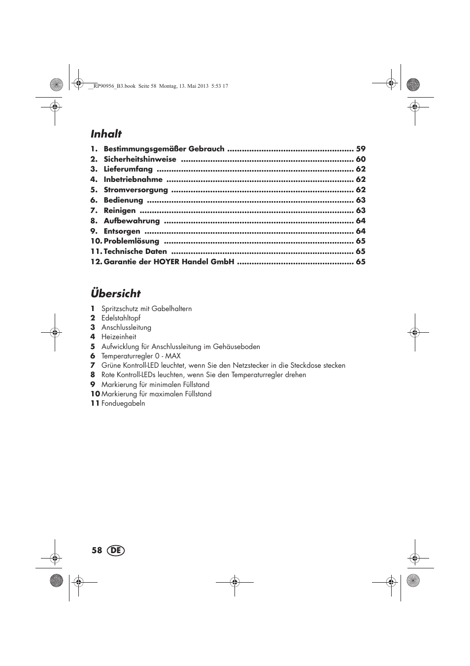 Inhalt, Übersicht | Silvercrest SFE 1500 A1 User Manual | Page 60 / 70