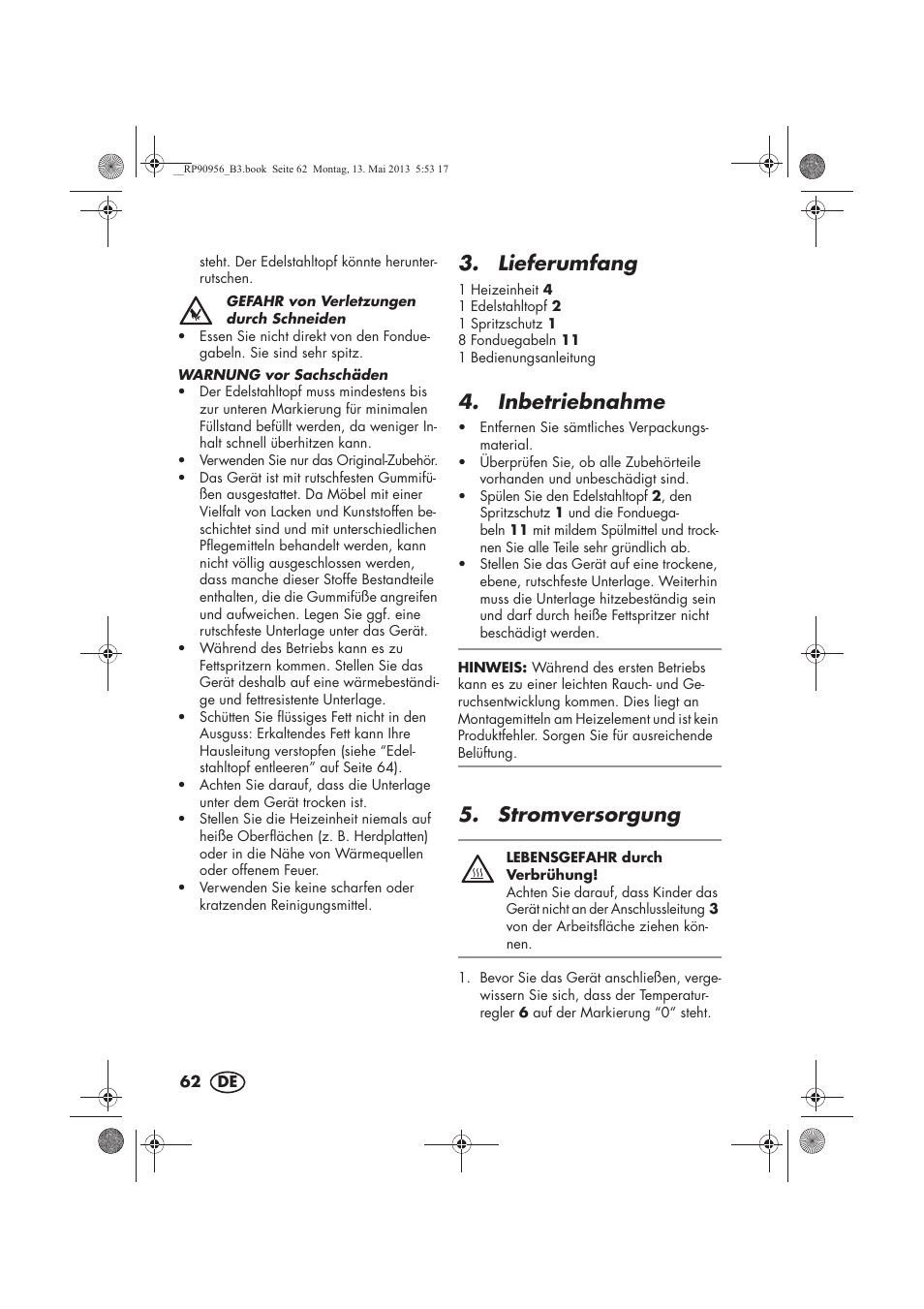 Lieferumfang, Inbetriebnahme, Stromversorgung | Silvercrest SFE 1500 A1 User Manual | Page 64 / 70