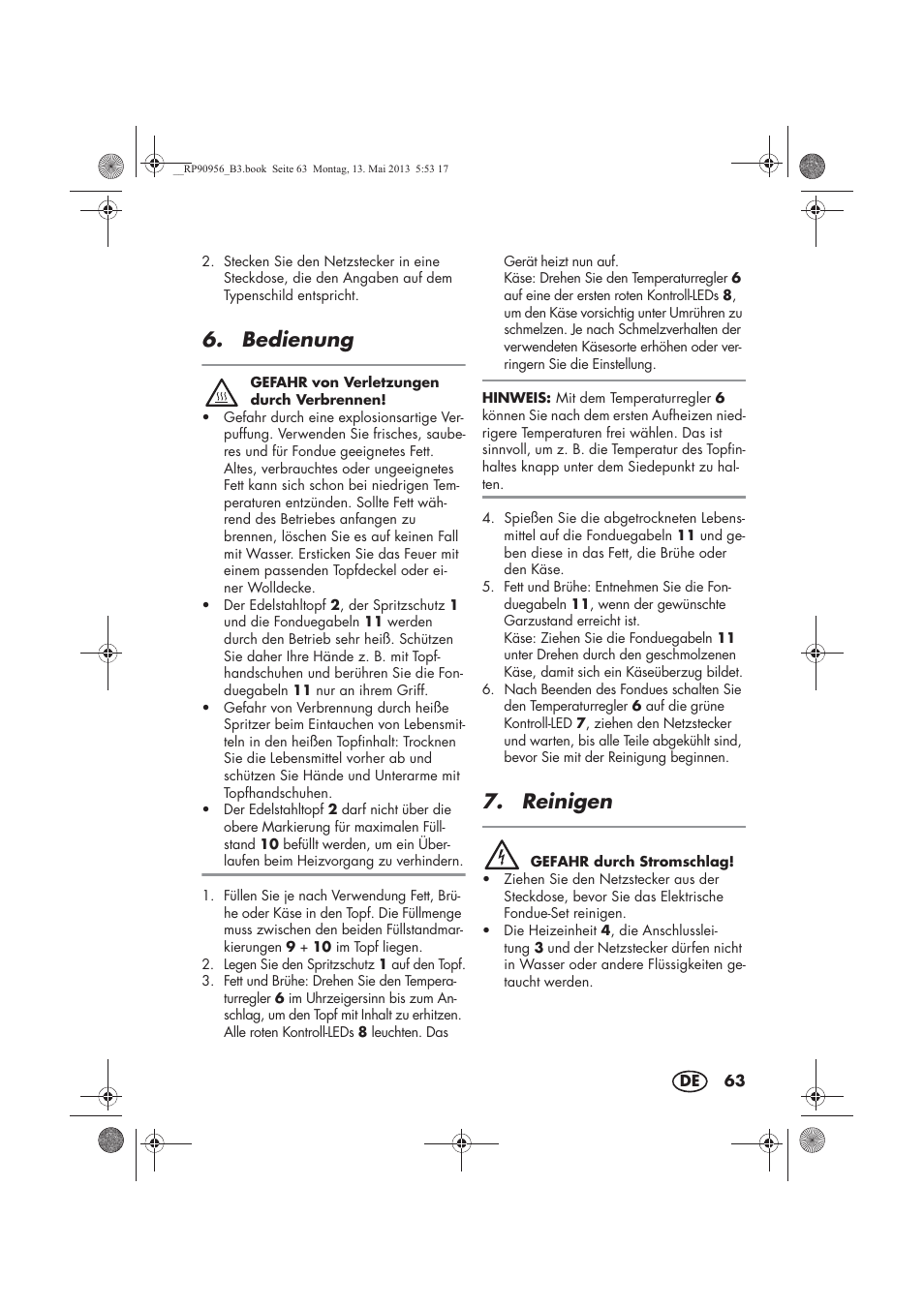 Bedienung, Reinigen | Silvercrest SFE 1500 A1 User Manual | Page 65 / 70