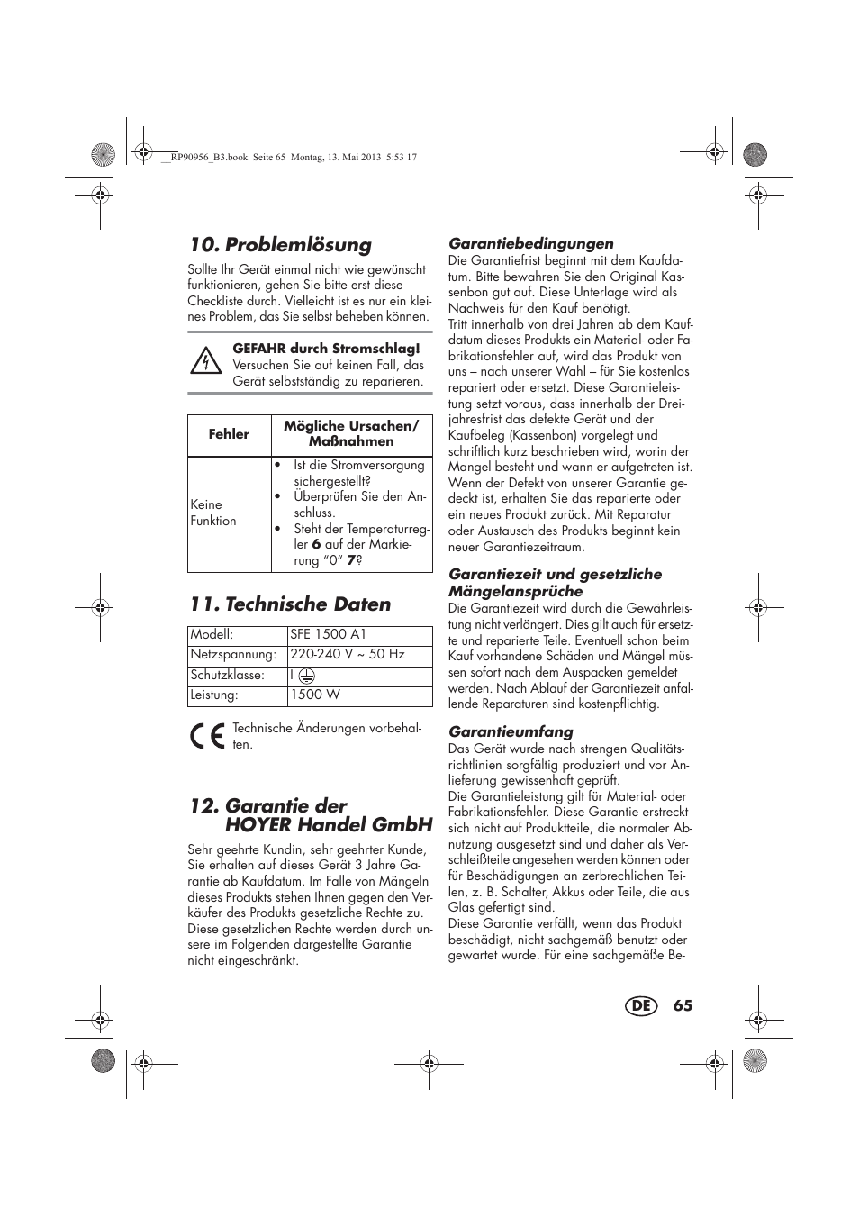 Problemlösung, Technische daten, Garantie der hoyerhandel gmbh | Silvercrest SFE 1500 A1 User Manual | Page 67 / 70