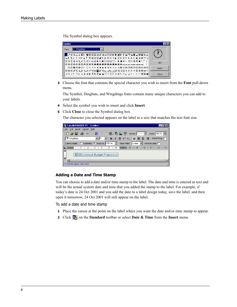 Adding a date and time stamp | Dymo 18949 User Manual | Page 12 / 28