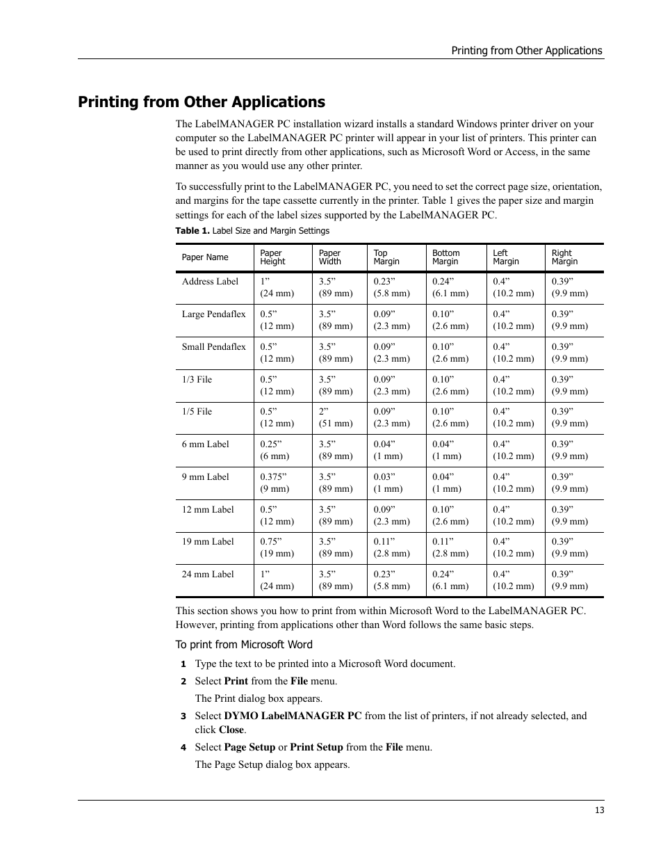 Printing from other applications | Dymo 18949 User Manual | Page 17 / 28