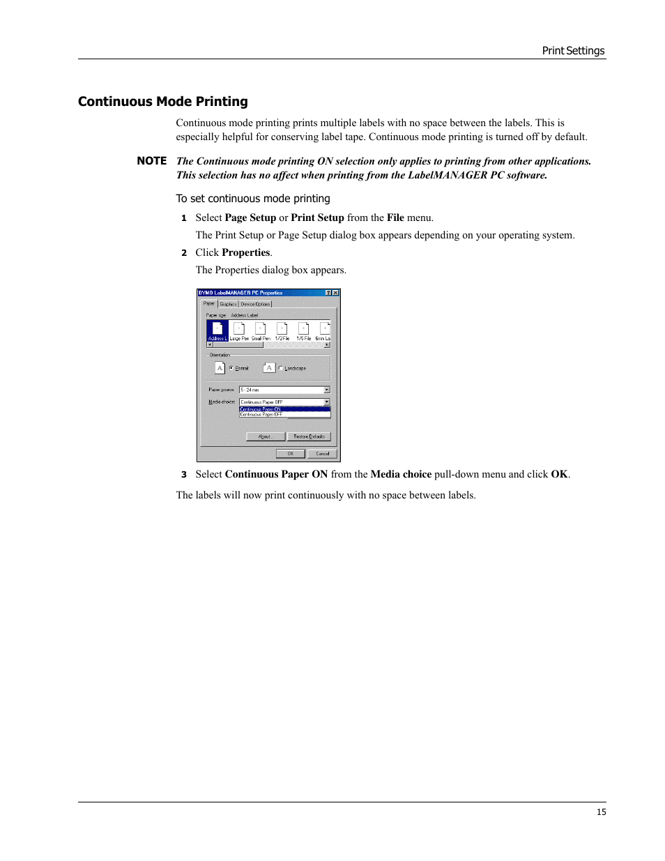 Continuous mode printing | Dymo 18949 User Manual | Page 19 / 28