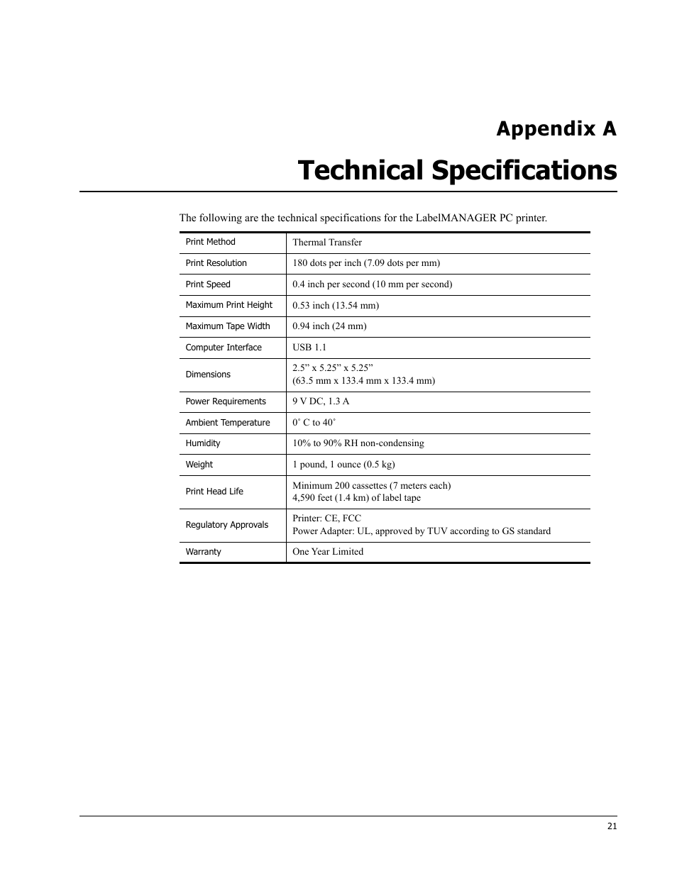 Technical specifications, Appendix a | Dymo 18949 User Manual | Page 25 / 28