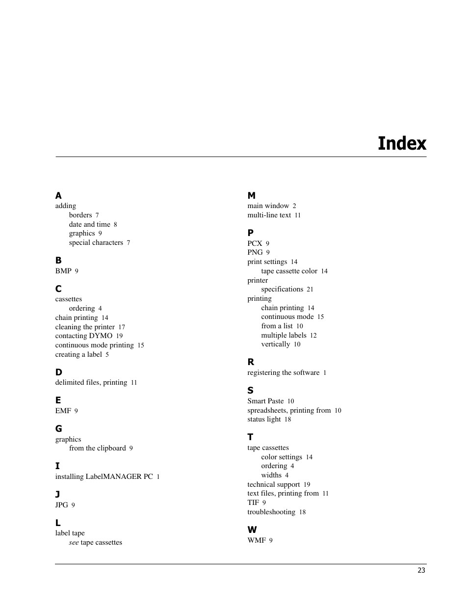 Index | Dymo 18949 User Manual | Page 27 / 28