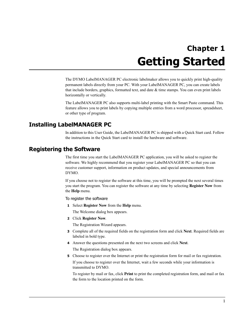 Getting started, Installing labelmanager pc, Registering the software | Chapter 1 | Dymo 18949 User Manual | Page 5 / 28