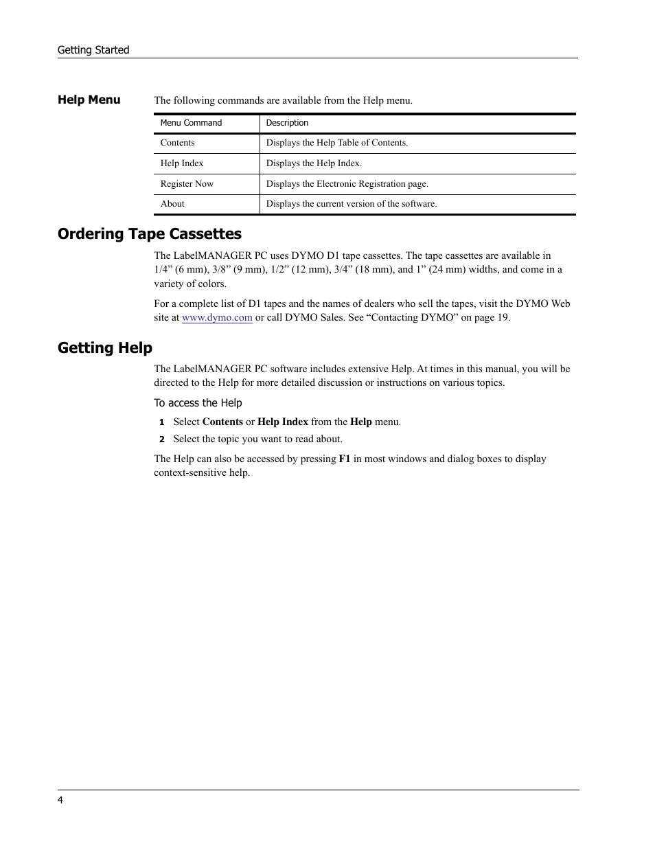 Ordering tape cassettes, Getting help | Dymo 18949 User Manual | Page 8 / 28