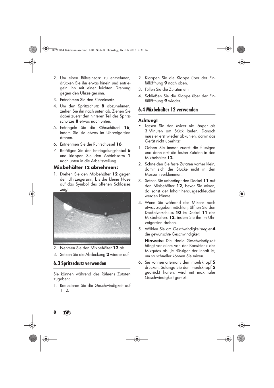 3 spritzschutz verwenden, 4 mixbehälter 12 verwenden | Silvercrest SKMP 1200 A1 User Manual | Page 10 / 86