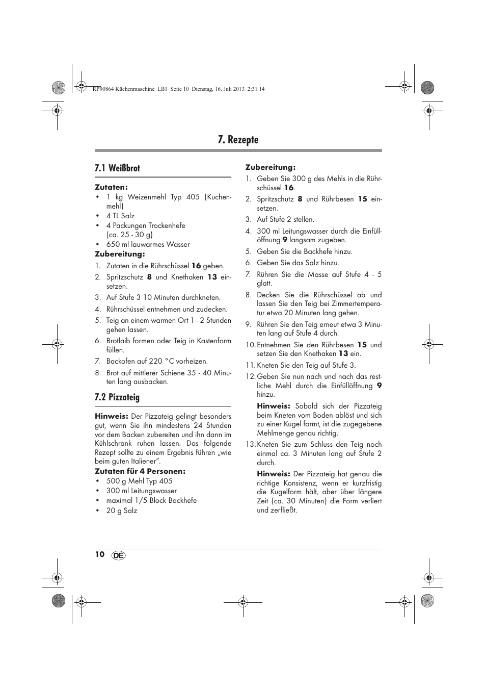 Rezepte, 1 weißbrot, 2 pizzateig | Silvercrest SKMP 1200 A1 User Manual | Page 12 / 86