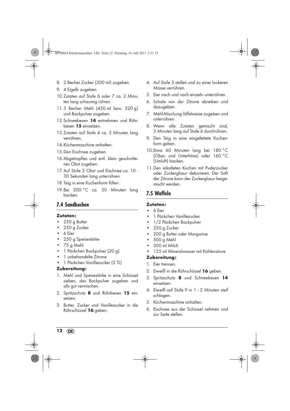 4 sandkuchen, 5 waffeln | Silvercrest SKMP 1200 A1 User Manual | Page 14 / 86