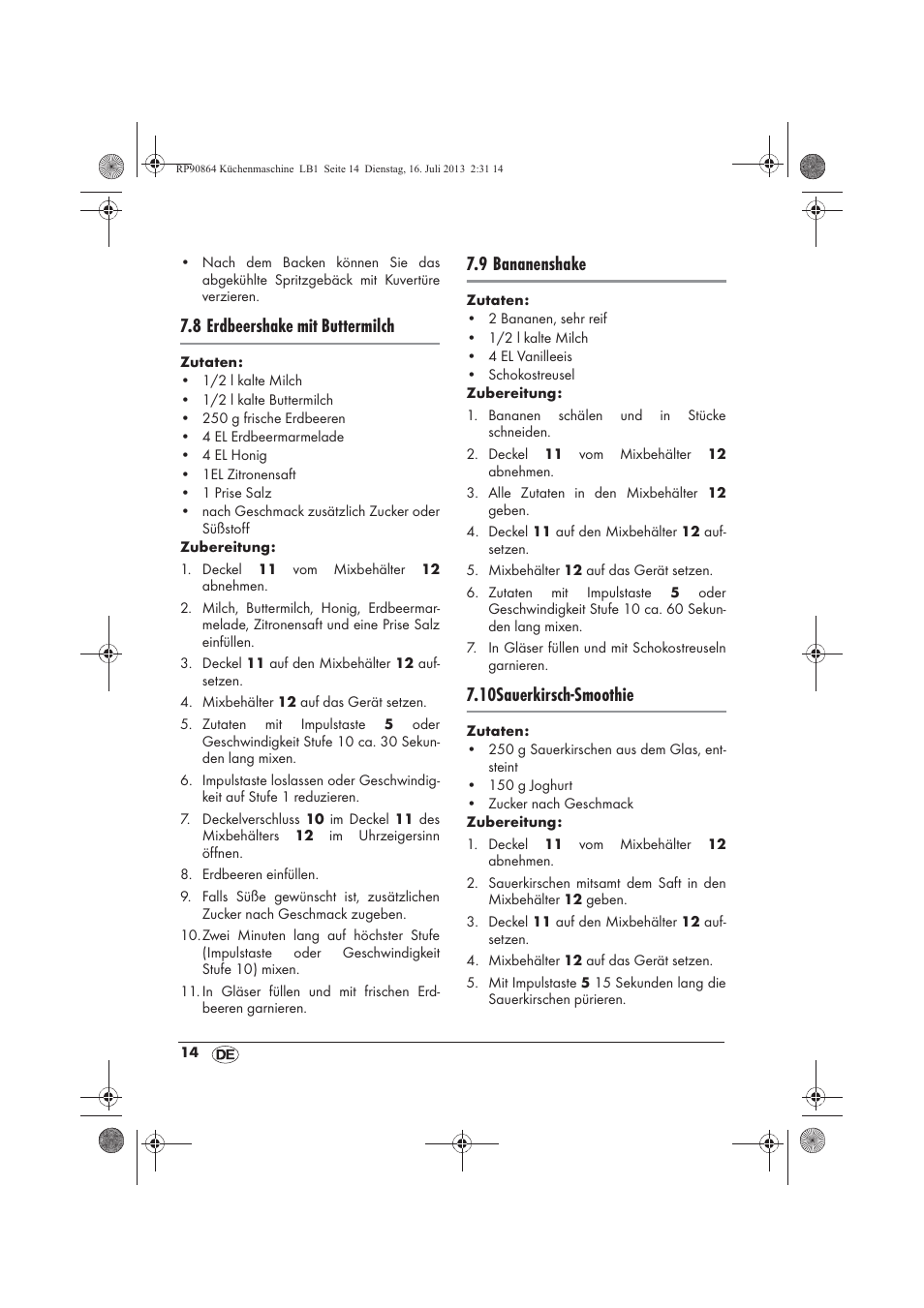 8 erdbeershake mit buttermilch, 9 bananenshake, 10sauerkirsch-smoothie | Silvercrest SKMP 1200 A1 User Manual | Page 16 / 86