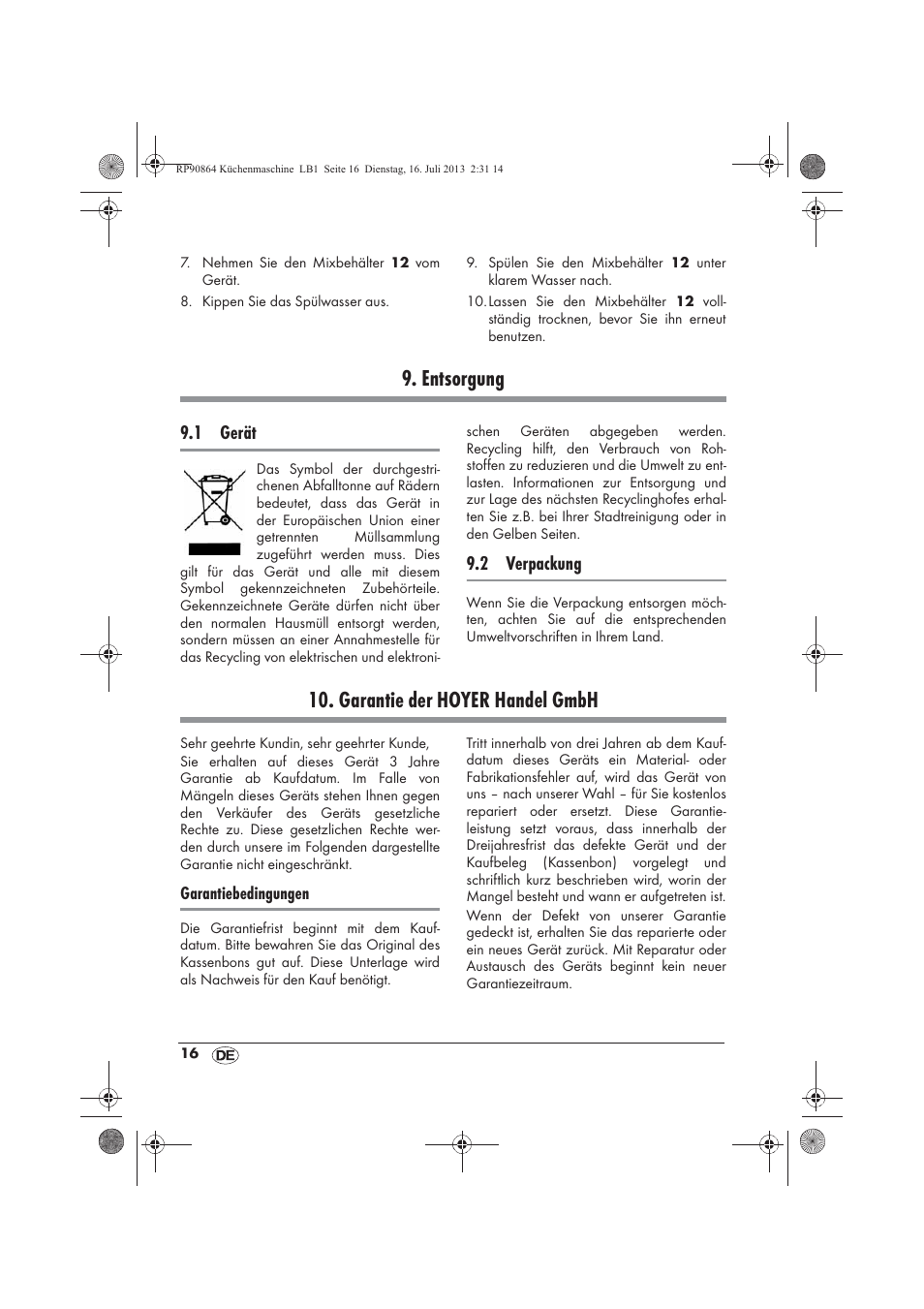 Entsorgung, Garantie der hoyer handel gmbh, 1 gerät | 2 verpackung | Silvercrest SKMP 1200 A1 User Manual | Page 18 / 86