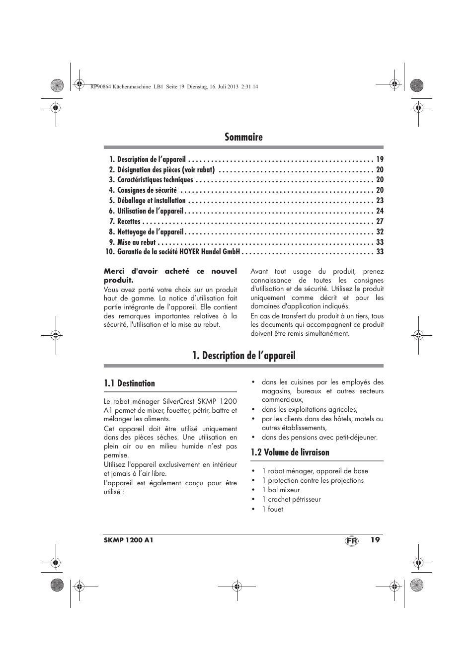 Sommaire, Description de l’appareil | Silvercrest SKMP 1200 A1 User Manual | Page 21 / 86