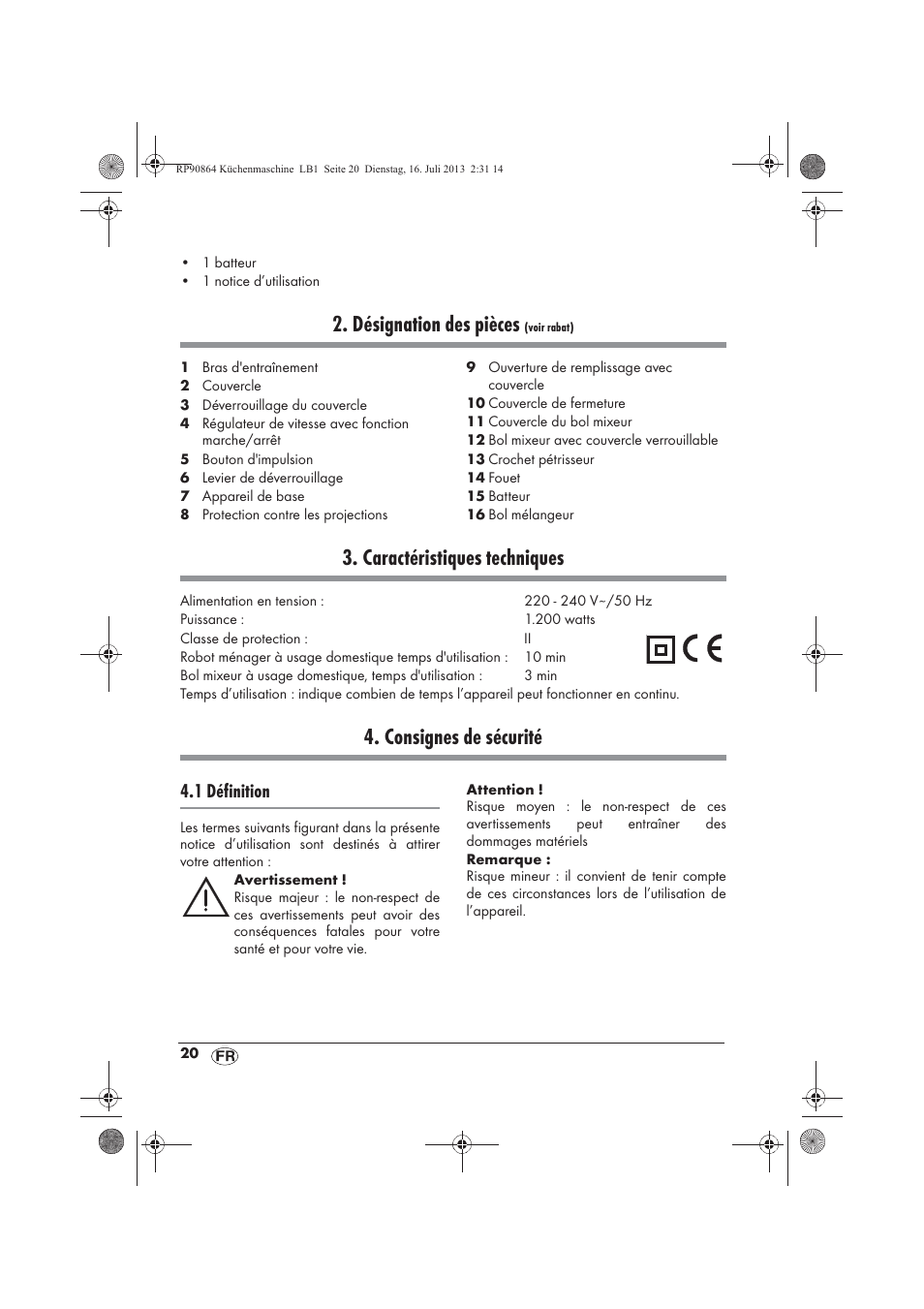 Désignation des pièces, Caractéristiques techniques, Consignes de sécurité | 1 définition | Silvercrest SKMP 1200 A1 User Manual | Page 22 / 86