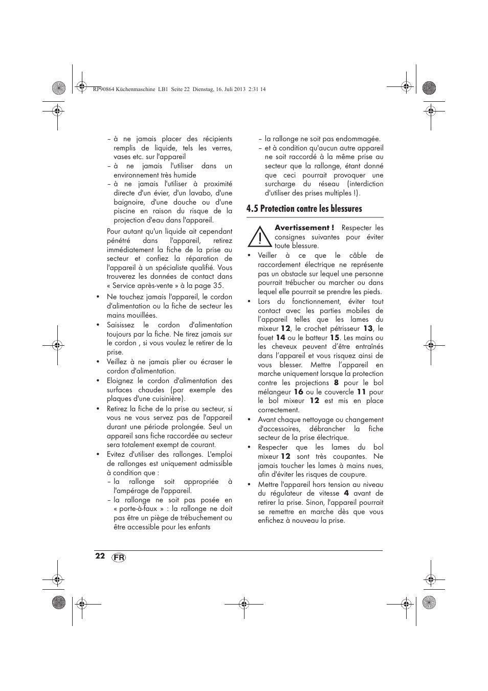 5 protection contre les blessures | Silvercrest SKMP 1200 A1 User Manual | Page 24 / 86