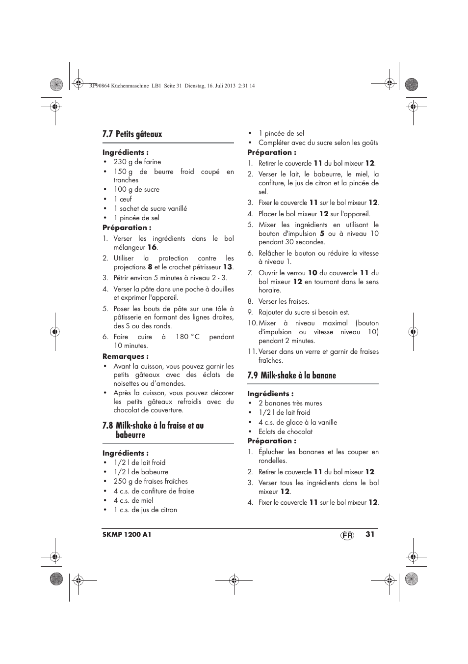 7 petits gâteaux, 8 milk-shake à la fraise et au babeurre, 9 milk-shake à la banane | Silvercrest SKMP 1200 A1 User Manual | Page 33 / 86