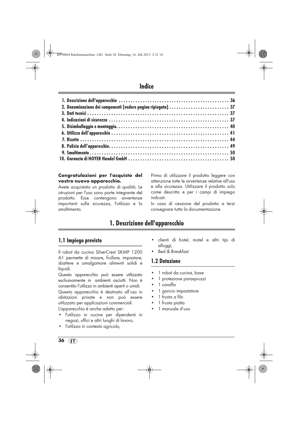 Indice, Descrizione dell'apparecchio | Silvercrest SKMP 1200 A1 User Manual | Page 38 / 86