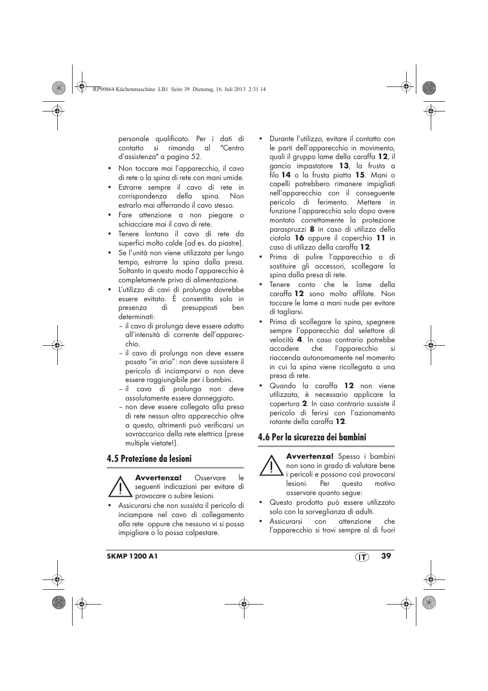 5 protezione da lesioni, 6 per la sicurezza dei bambini | Silvercrest SKMP 1200 A1 User Manual | Page 41 / 86