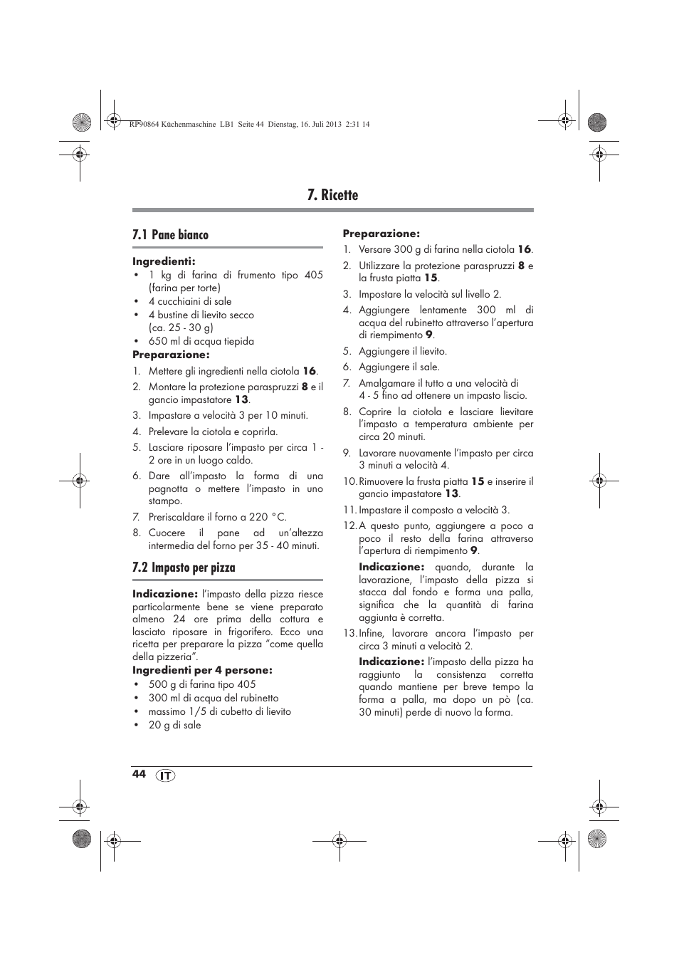 Ricette, 1 pane bianco, 2 impasto per pizza | Silvercrest SKMP 1200 A1 User Manual | Page 46 / 86