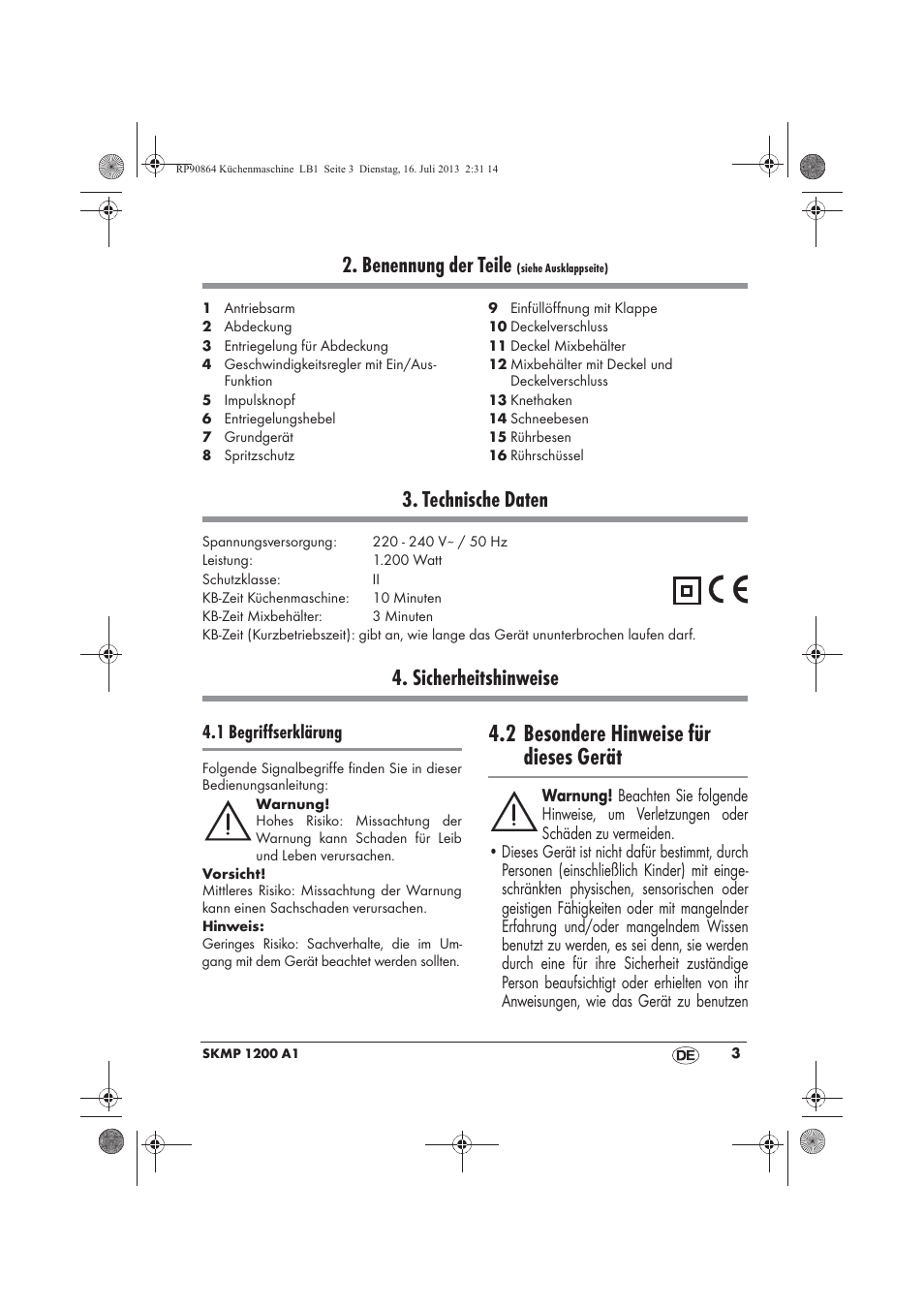 2 besondere hinweise für dieses gerät, Benennung der teile, Technische daten | Sicherheitshinweise | Silvercrest SKMP 1200 A1 User Manual | Page 5 / 86