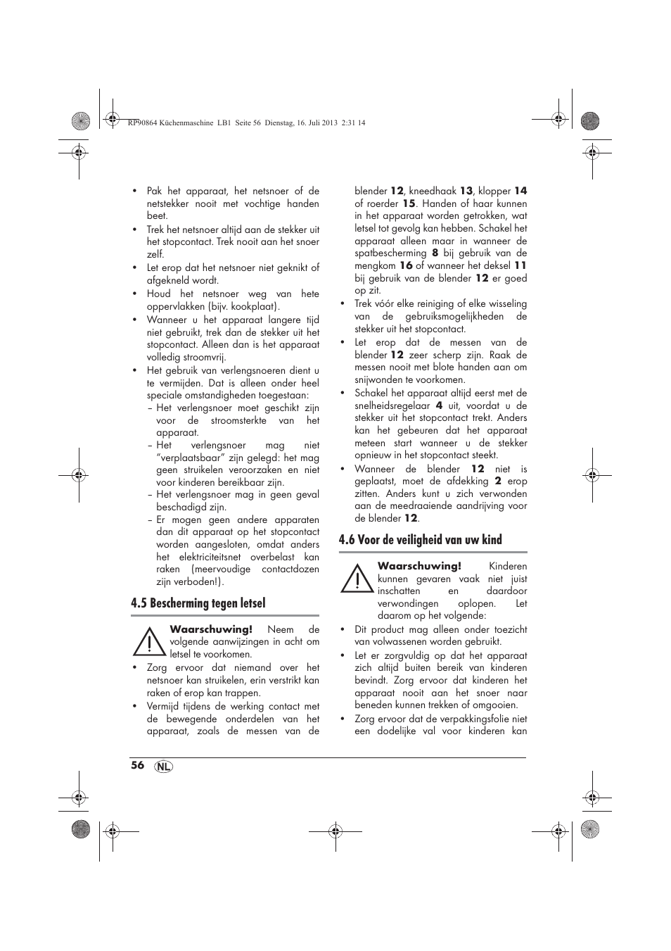 5 bescherming tegen letsel, 6 voor de veiligheid van uw kind | Silvercrest SKMP 1200 A1 User Manual | Page 58 / 86