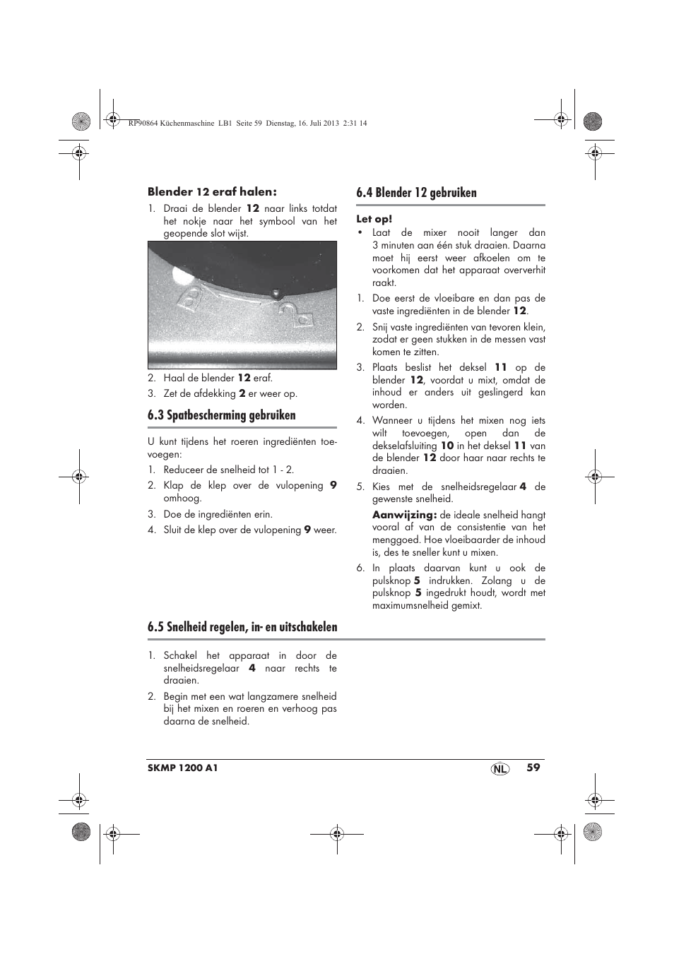 3 spatbescherming gebruiken, 4 blender 12 gebruiken, 5 snelheid regelen, in- en uitschakelen | Silvercrest SKMP 1200 A1 User Manual | Page 61 / 86