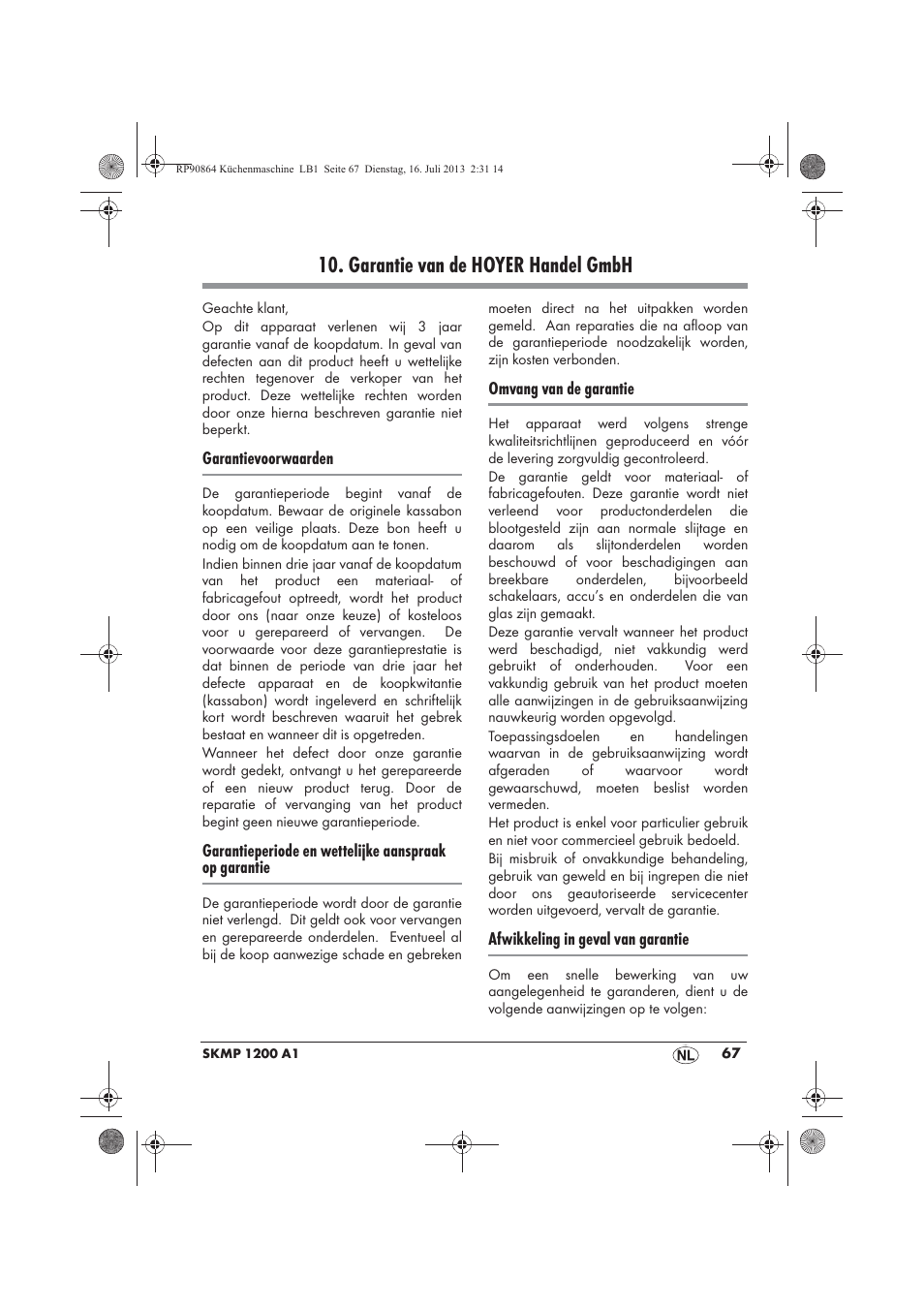 Garantie van de hoyer handel gmbh | Silvercrest SKMP 1200 A1 User Manual | Page 69 / 86